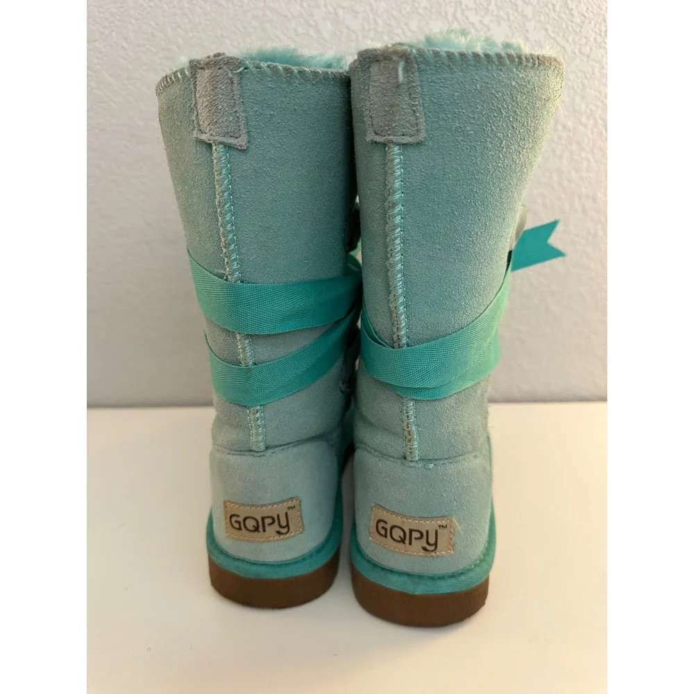 GQPY Women Turquoise Suede Ribbon Lace Up Faux Fur Lined Winter Boots 36